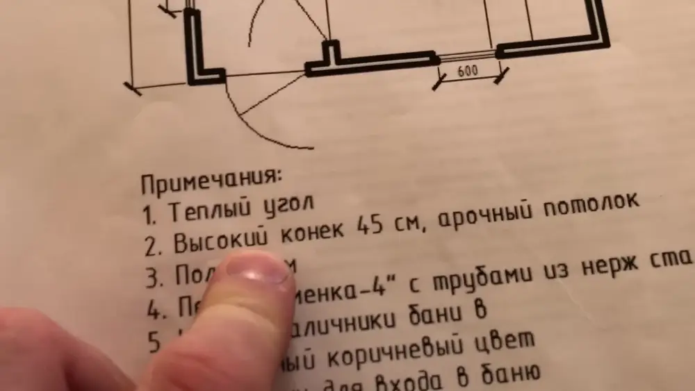 Список примечаний к плану бани с пунктом «высокий конёк 45 см, арочный потолок» крупным планом