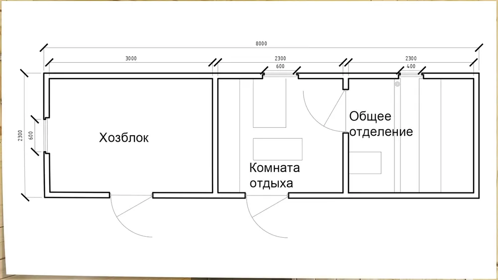 Планировка бани 8 метров с хозблоком: хозблок, комната отдыха и общее отделение в одном корпусе