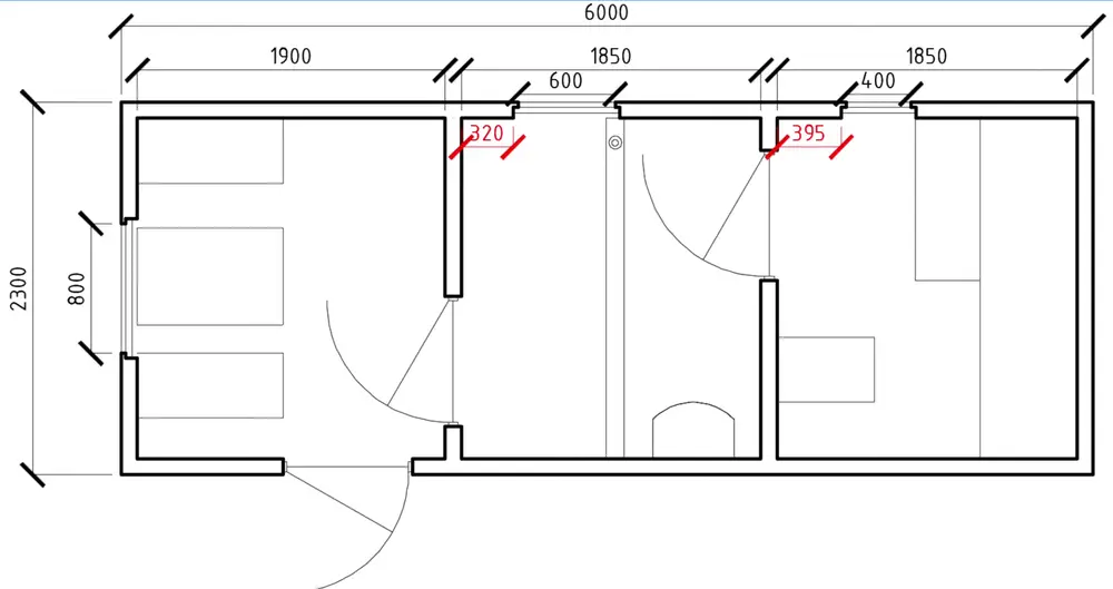 Планировка мобильной бани 6×2,3 метра: три отделения с размерами