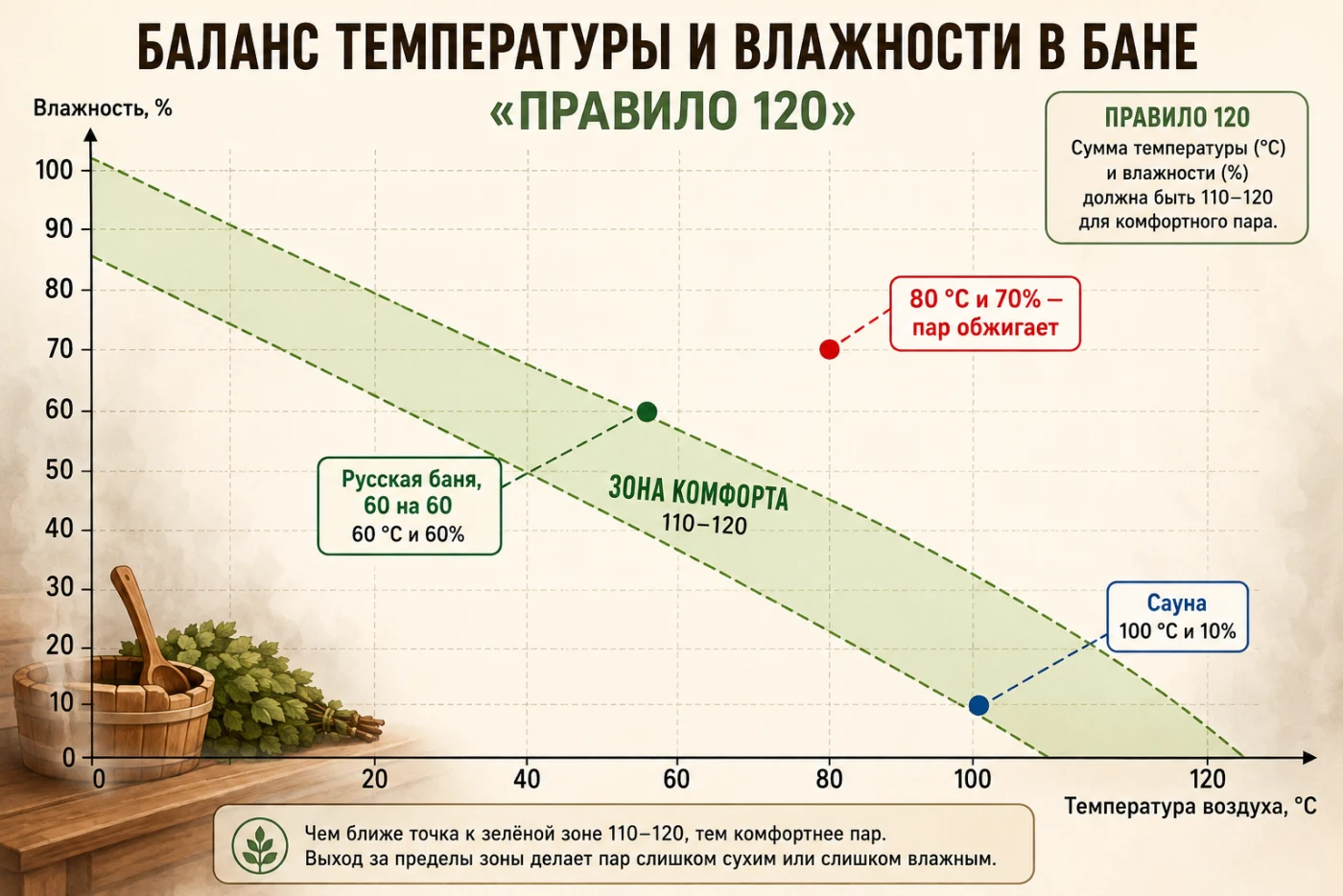 Схема баланса температуры и влажности в бане по правилу 120: зона комфорта русской бани, режим сауны и точка перегрева