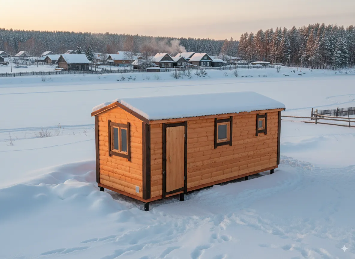 Готовая баня-бочка на дачном участке зимой