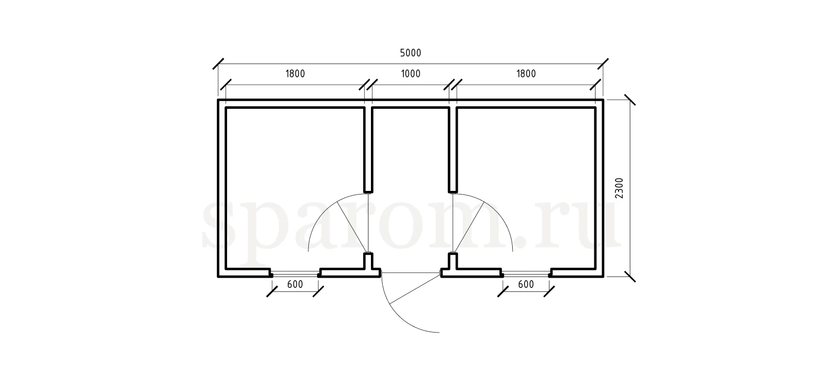 Планировка бытовки 2,3×5 — два просторных помещения с отдельными входами, тамбур посередине