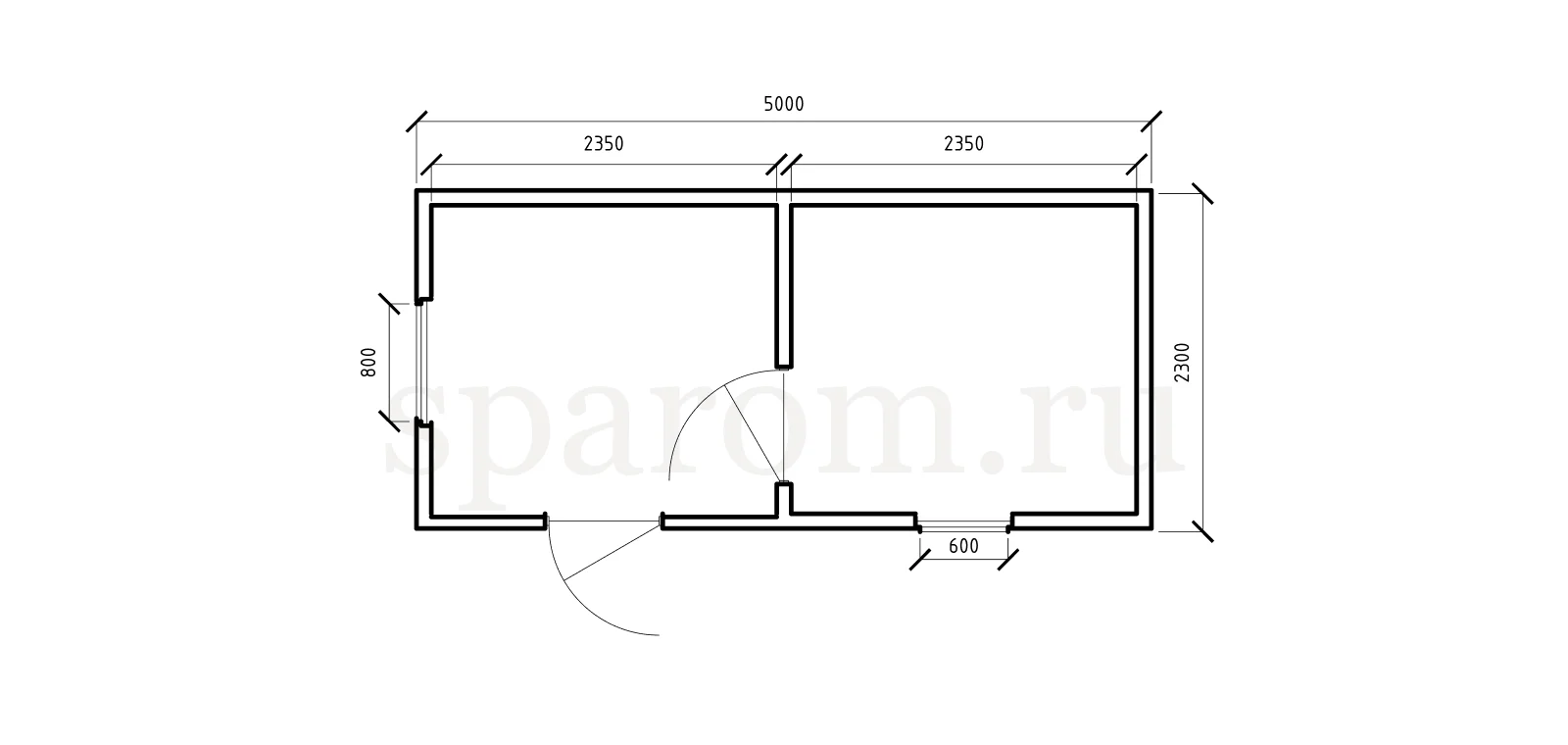 Планировка бытовки 2,3×5 — два равных помещения, один вход