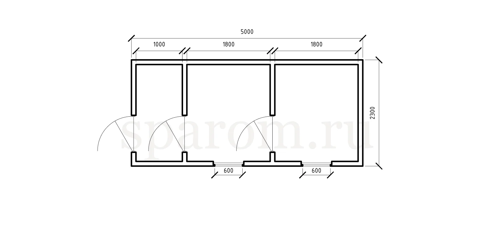Планировка бытовки 2,3×5 — три помещения, вход с торца