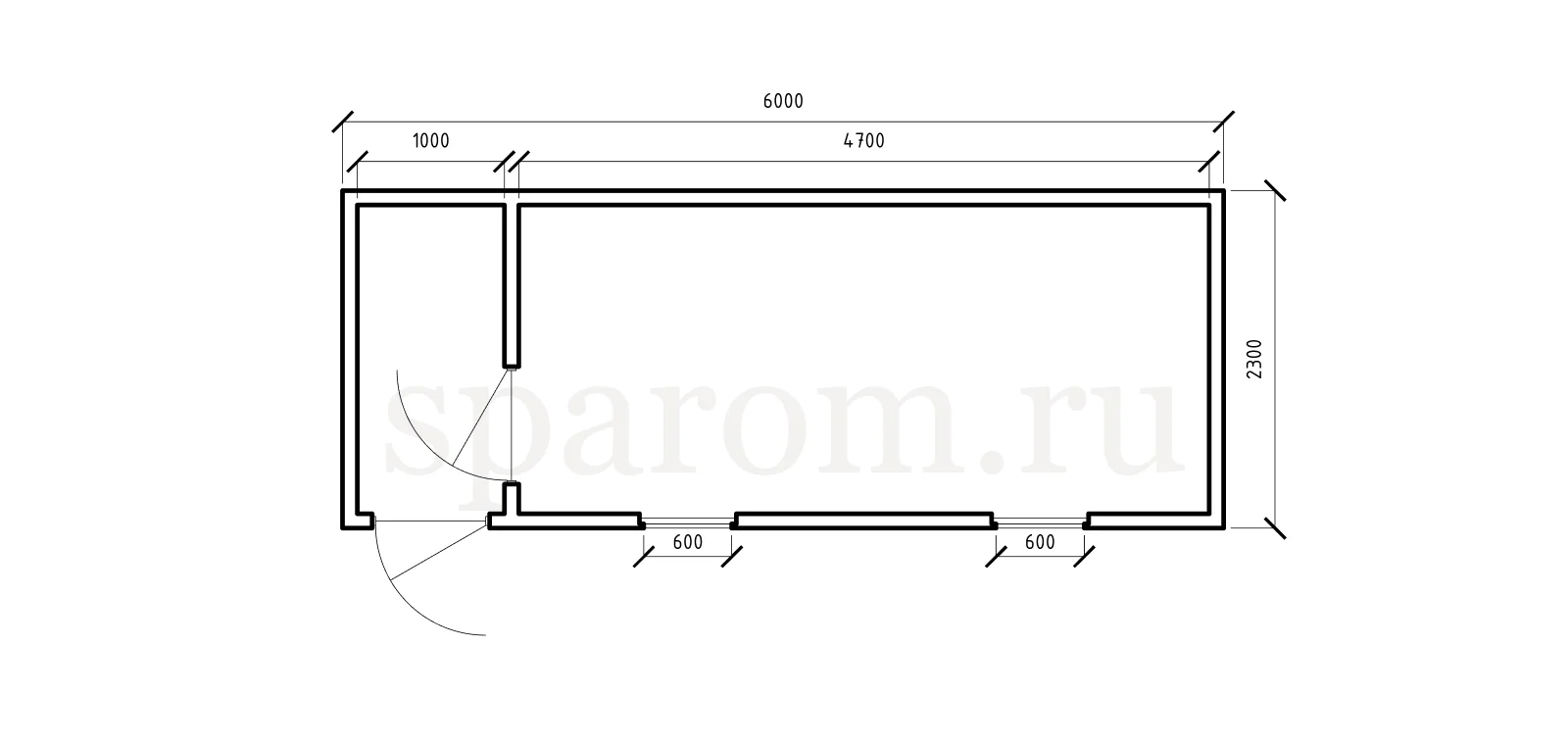 Планировка бытовки 2,3×6 — небольшой тамбур 1 м и просторное помещение 4,7 м