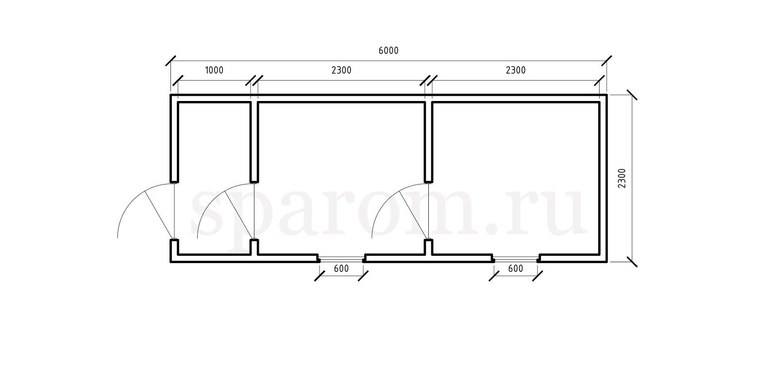 Планировка бытовки 2,3×6 — три помещения, вход с торца