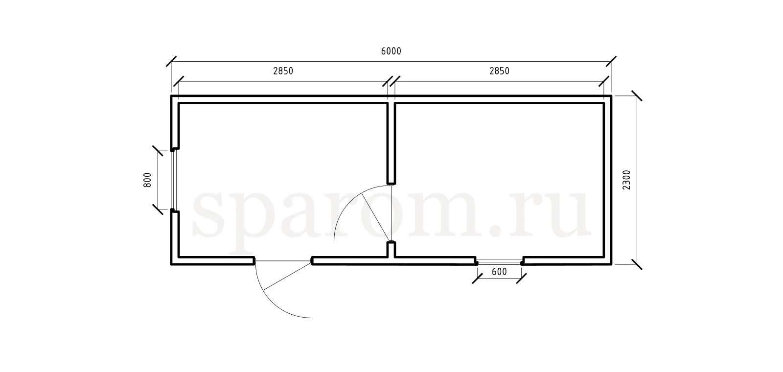 Планировка бытовки 2,3×6 — два равных помещения, один вход