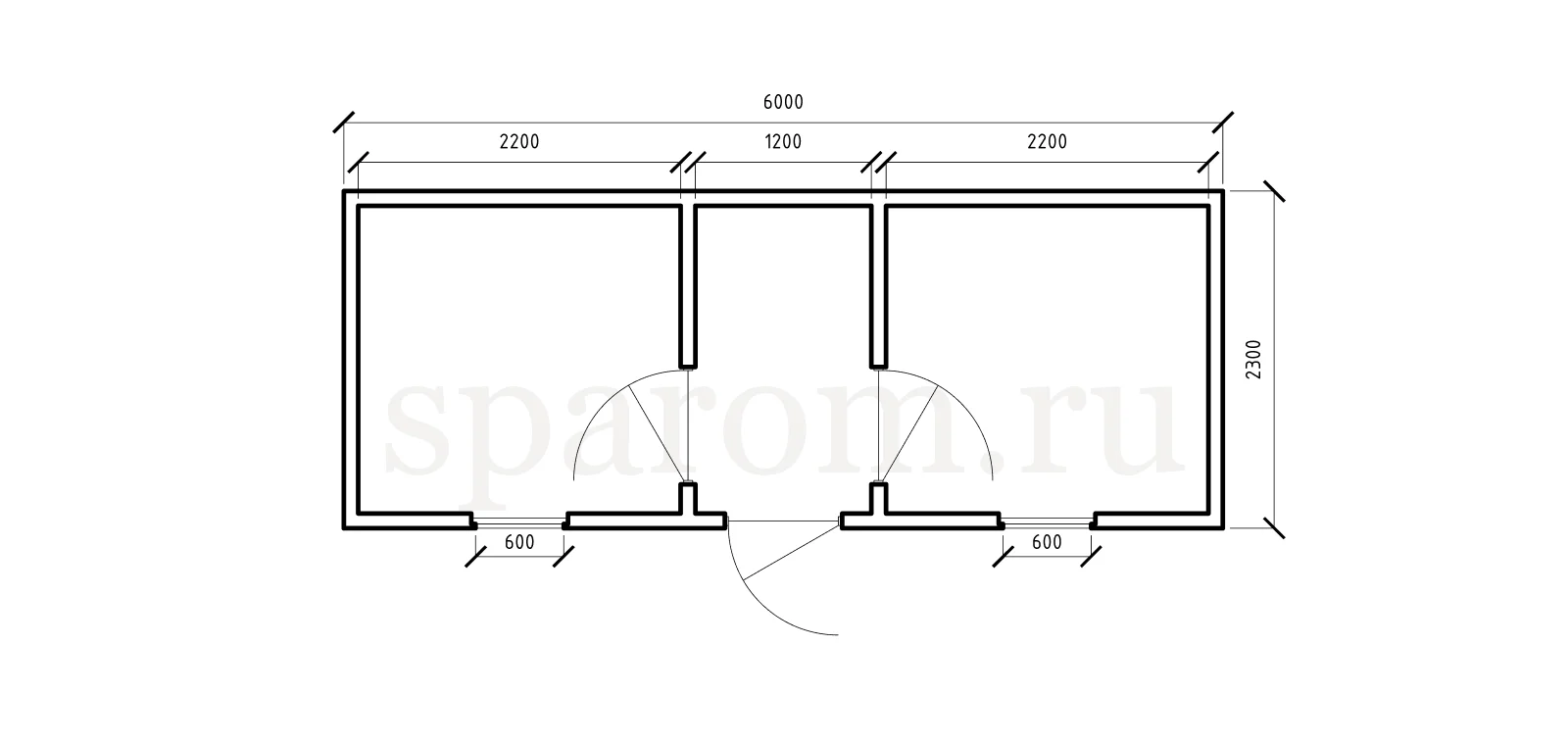 Планировка бытовки 2,3×6 — два просторных помещения с отдельными входами, тамбур посередине