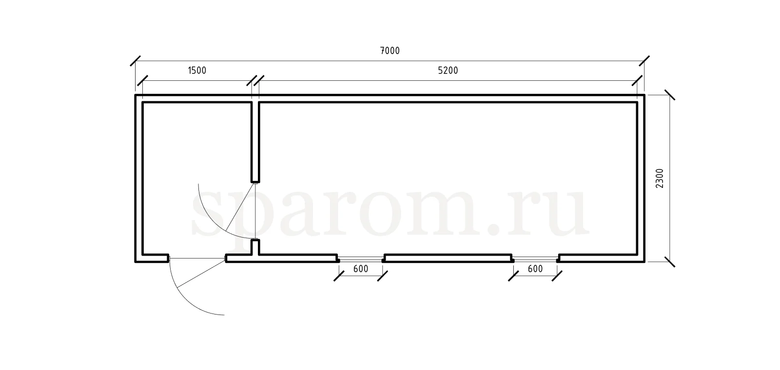 Планировка бытовки 2,3×7 — небольшой тамбур 1,5 м и просторное помещение 5,2 м