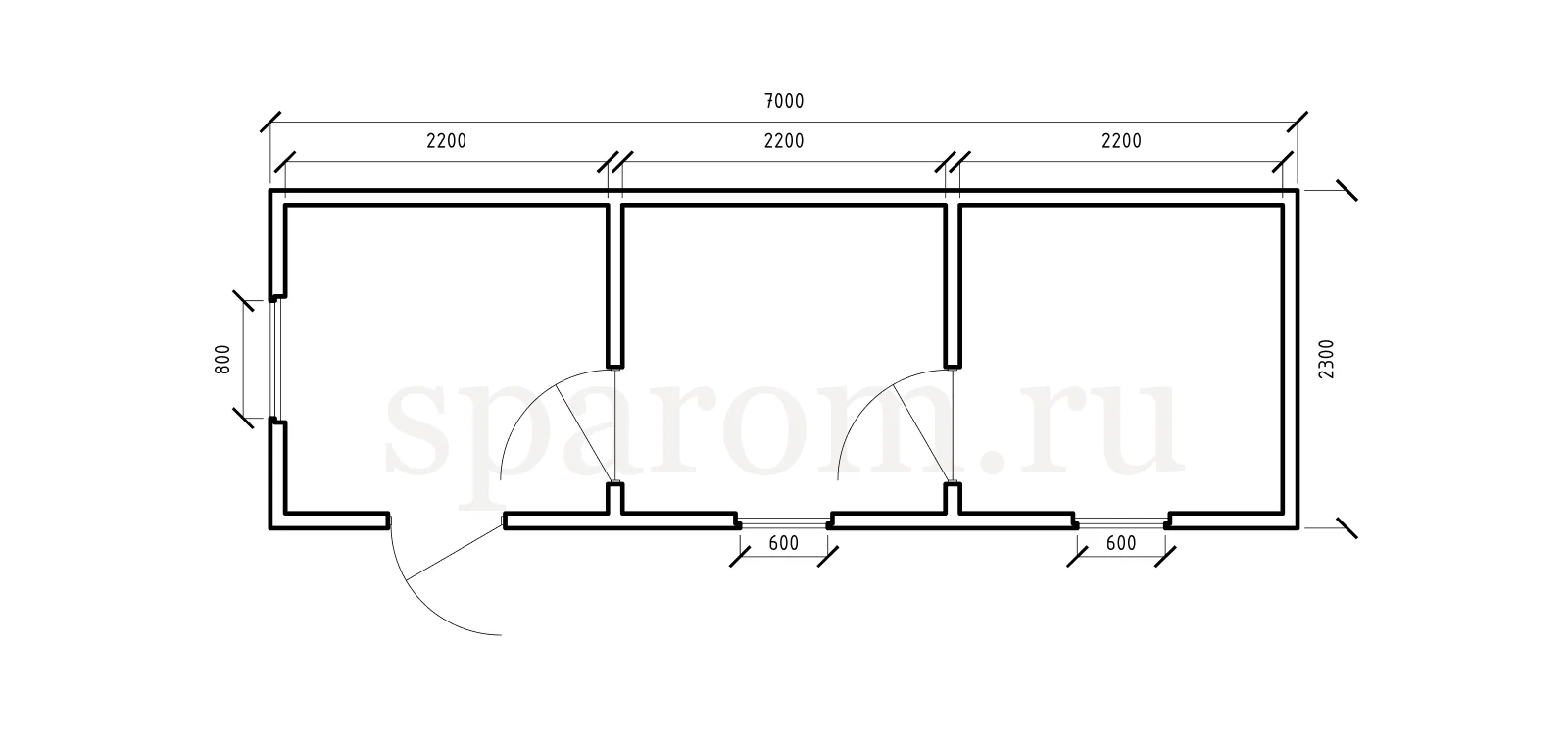 Планировка бытовки 2,3×7 — три равных помещения