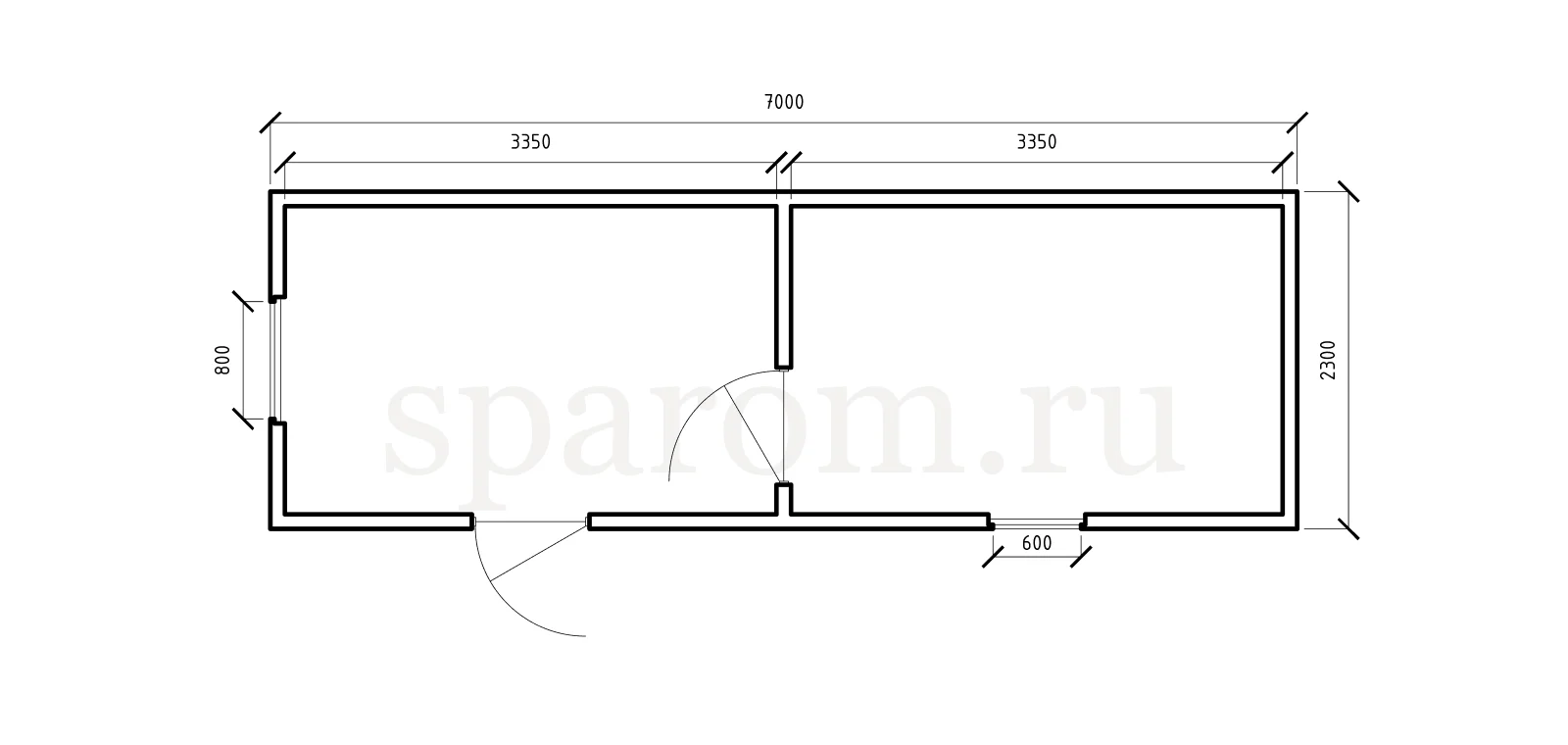 Планировка бытовки 2,3×7 — два равных помещения, один вход