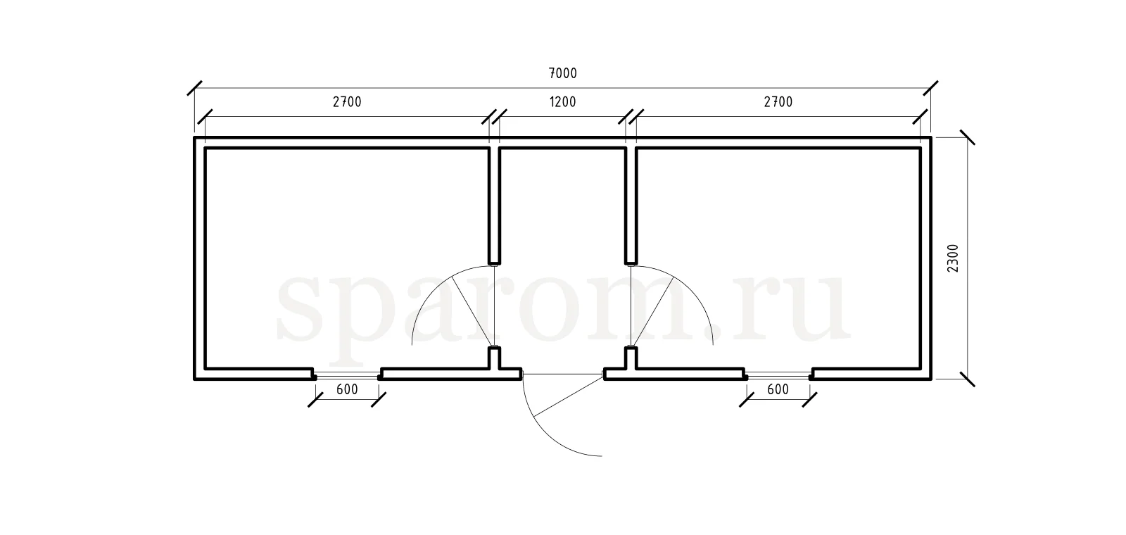 Планировка бытовки 2,3×7 — два просторных помещения с отдельными входами, тамбур посередине